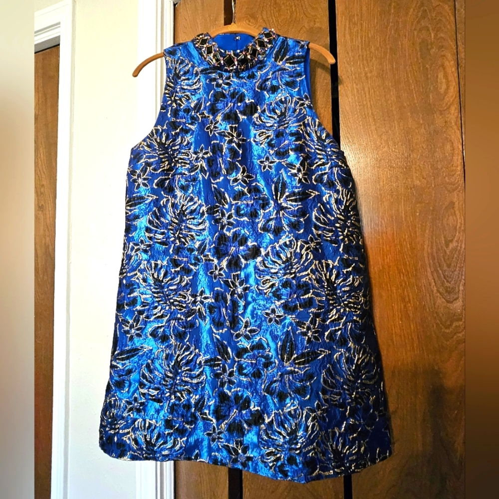 Lilly Pulitzer Brandi Shift Dress Blue Grotto Twilight Floral Brocade - Size 12